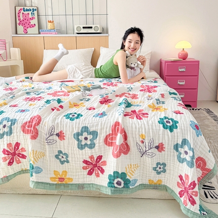 棠薇家纺 2025新款全棉六层皱皱纱婴幼毯泡泡纱印花盖毯包被浴巾 花花世界