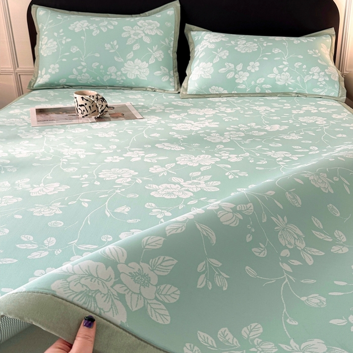 91家纺网 家纺一手货源 找家纺 慕尚家纺 2025春夏新款凉感冰丝提花凉席三件套 花语 绿