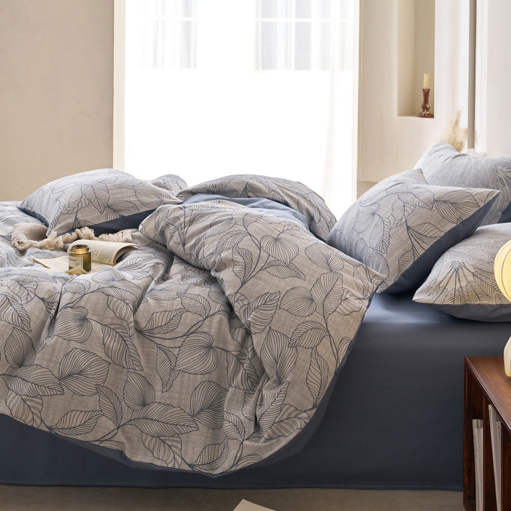 91家纺网 家纺一手货源 找家纺 金丝鸟2025新款全棉纯棉三层纱提花四件套 小叶雨林 兰