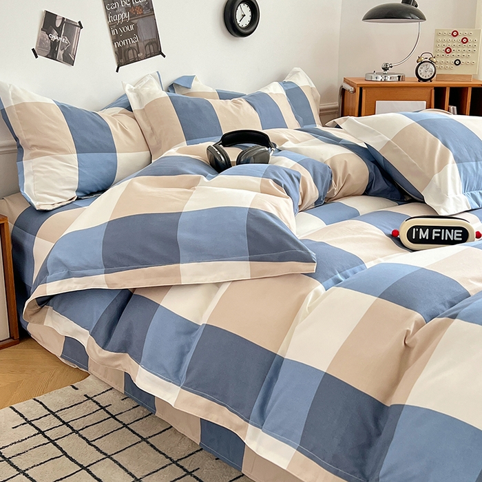 91家纺网 家纺一手货源 找家纺 罗菲尼酒店用品 2025新款磨毛亲肤飞边款四件套 蓝白大格