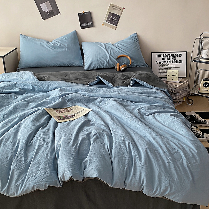91家纺网 家纺一手货源 找家纺 益多眠 2026新款水洗棉夏被四件套 天蓝+深灰