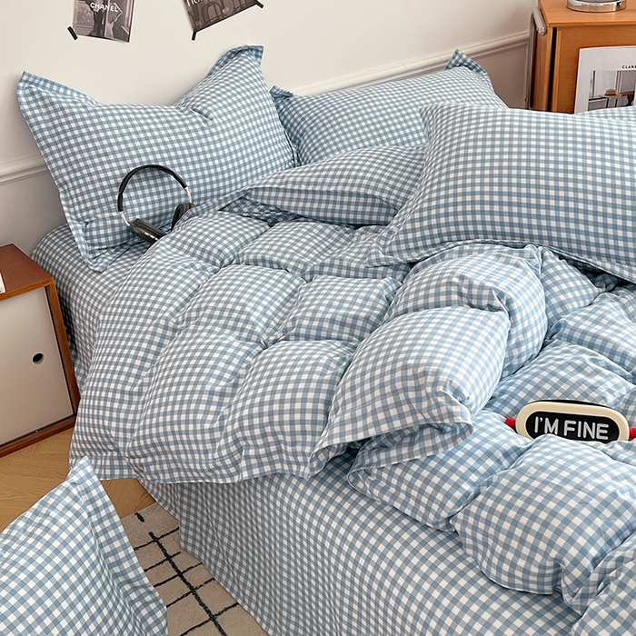 91家纺网 家纺一手货源 找家纺 罗菲尼酒店用品 2025新款磨毛亲肤飞边款四件套 蓝小格