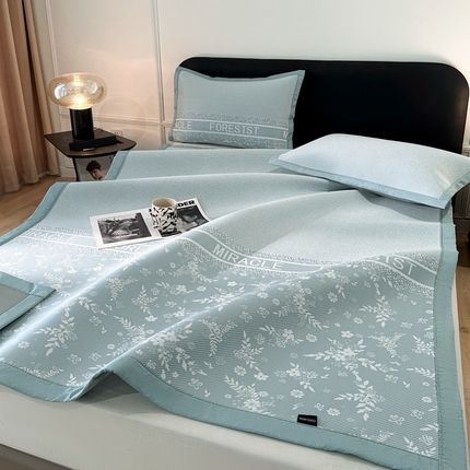 慕尚家纺 2025春夏新款凉感冰丝提花凉席三件套 海棠 蓝