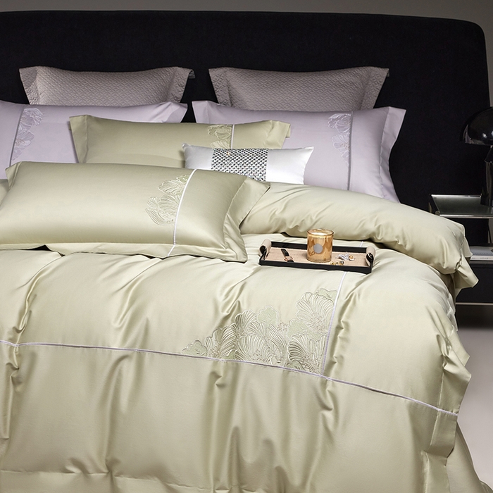 91家纺网 家纺一手货源 找家纺 榻尚家居 2025新款120支贡缎长绒棉绣花四件套-花漾系列 花漾-绿