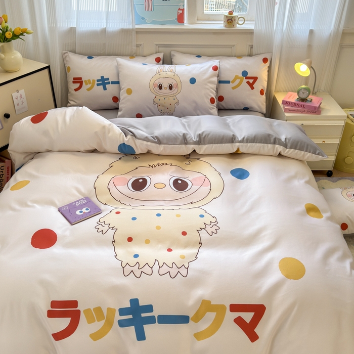 91家纺网 家纺一手货源 找家纺 摩卡（乐趣） 2025新款水洗真丝数码印花卡通兔系列四件套 奶糕兔