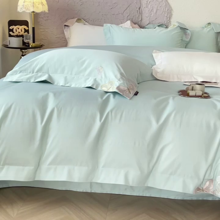 91家纺网 家纺一手货源 找家纺 春夏A类长绒棉夹棉床盖床笠四件套全棉纯棉纯色绗绣四季款保护罩高级感床上用品 茉婉-茶绿