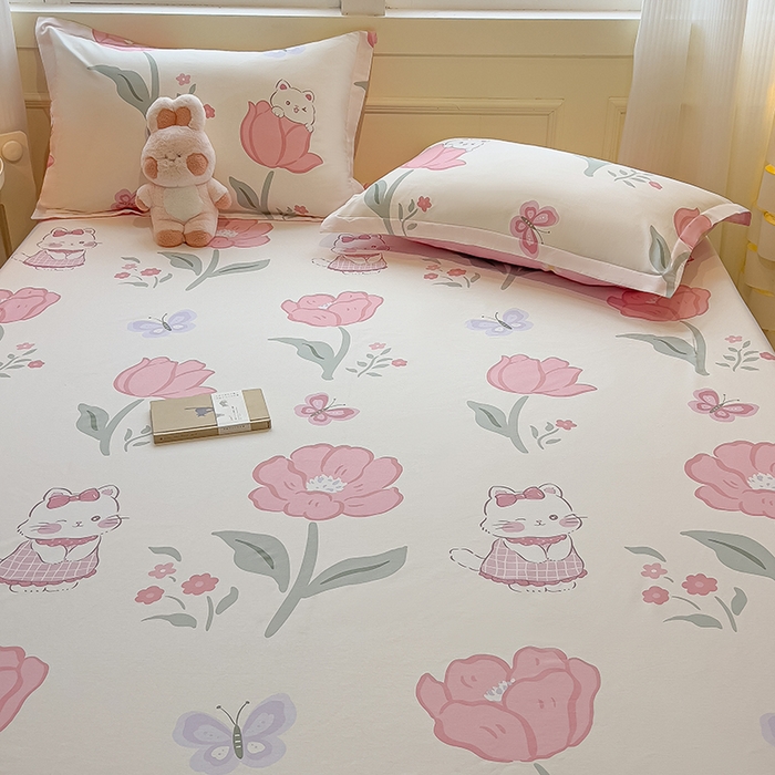 91家纺网 家纺一手货源 找家纺 拾物记 2025新款A类无荧光全喷气全棉12868单床笠 花欣猫趣-粉