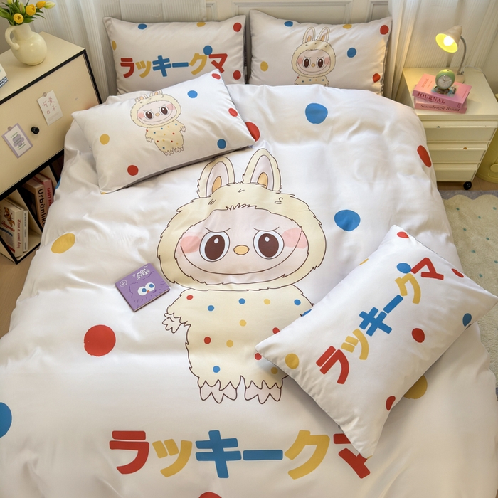 91家纺网 家纺一手货源 找家纺 摩卡（乐趣） 2025新款水洗真丝数码印花卡通兔系列四件套 奶糕兔