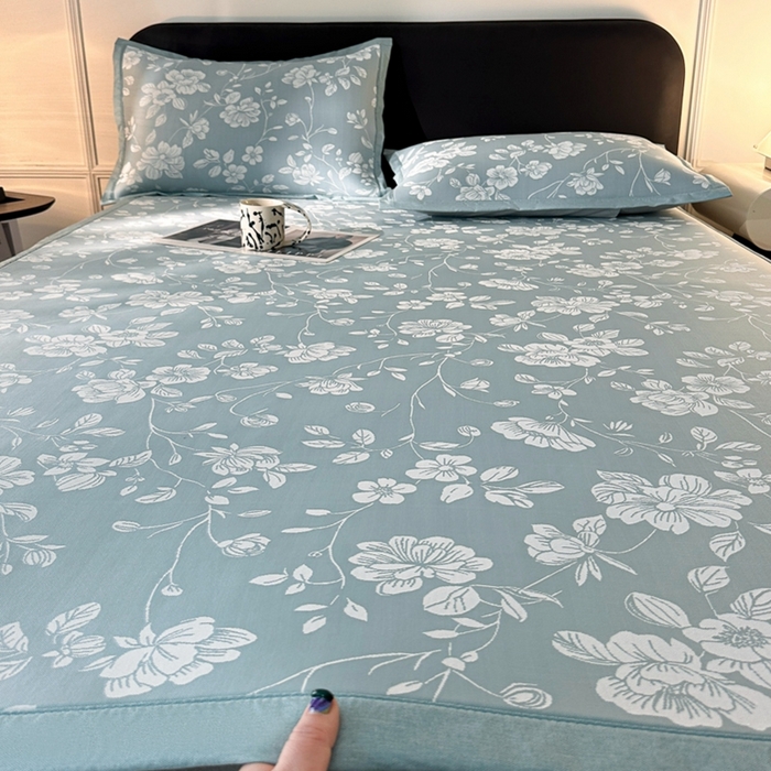 91家纺网 家纺一手货源 找家纺 慕尚家纺 2025春夏新款凉感冰丝提花凉席三件套 花语 蓝