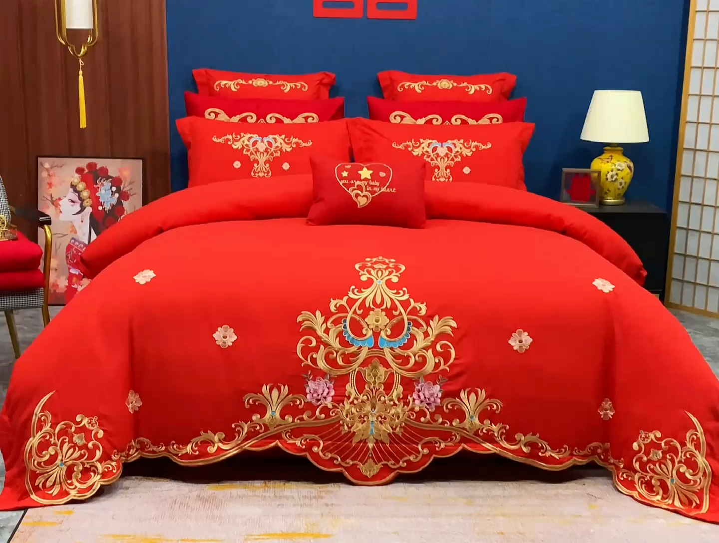 91家纺网 家纺一手货源 找家纺 慕她家纺 慕她婚庆四件套大红色磨毛亲肤棉刺绣结婚工艺款床上用品 盛世庄园 大红