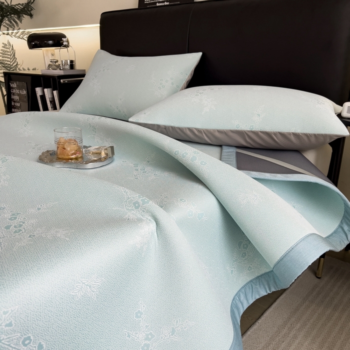 91家纺网 家纺一手货源 找家纺 慕尚家纺 2025春夏新款凉感冰丝提花凉席三件套 提花席 花香蓝