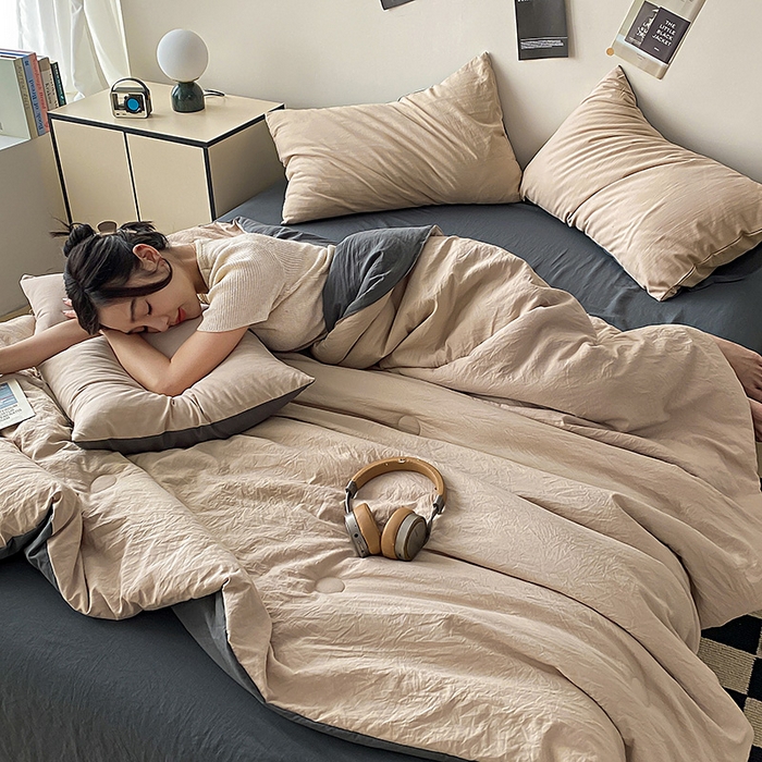 91家纺网 家纺一手货源 找家纺 益多眠 2026新款水洗棉夏被四件套 奶茶+深灰