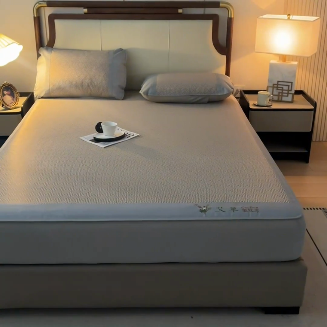 91家纺网 家纺一手货源 找家纺 阿亮家居 2025新款凉席三明治刺绣可水洗碳光冰丝席宽包边艾香系列 艾香冰丝床笠饼干-咖