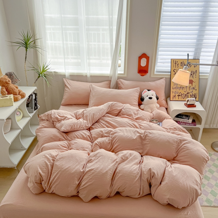 91家纺网 家纺一手货源 找家纺 韩巢家纺 2025新款ins日式风超柔水洗棉四件套 -纯色（提供卖家秀） 水洗棉奶咖