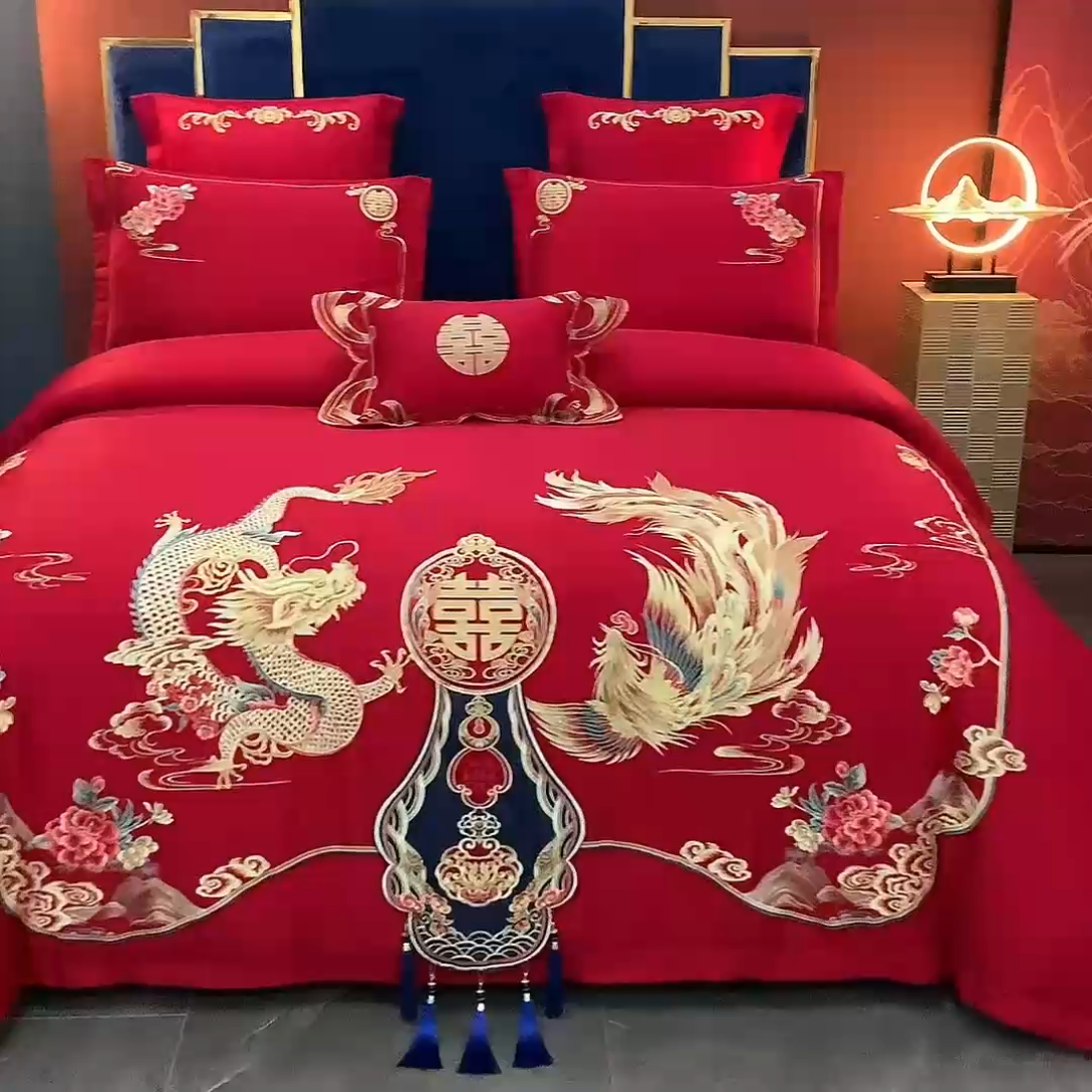 91家纺网 家纺一手货源 找家纺 慕她家纺 慕她婚庆四件套大红色磨毛亲肤棉刺绣结婚工艺款床上用品 喜韵龙凤