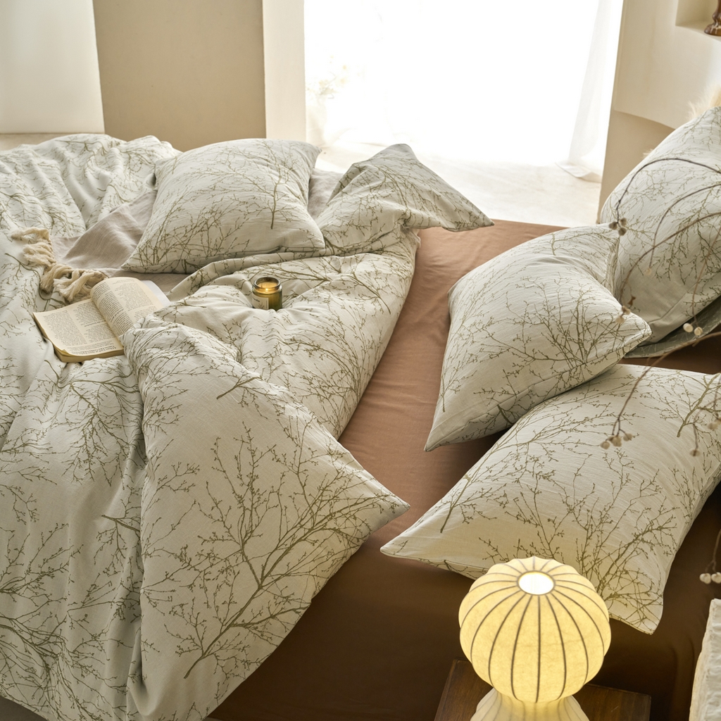 91家纺网 家纺一手货源 找家纺 （总）金丝鸟2025新款全棉纯棉双面三层纱提花四件套--凌寒