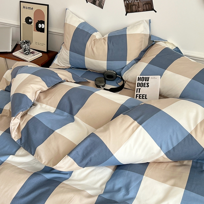 91家纺网 家纺一手货源 找家纺 罗菲尼酒店用品 2025新款磨毛亲肤飞边款四件套 蓝白大格