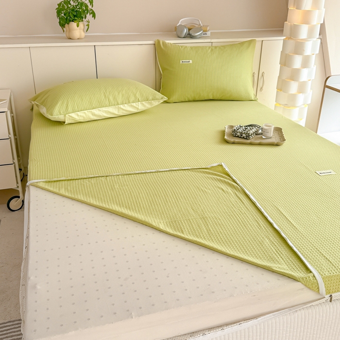 91家纺网 家纺一手货源 找家纺 眠博士 2025新款A类学生床全棉华夫格床垫套 全棉华夫格床垫套 果绿