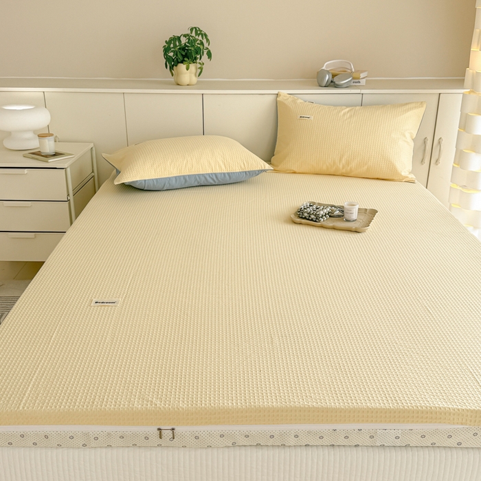 91家纺网 家纺一手货源 找家纺 眠博士 2025新款A类学生床全棉华夫格床垫套 全棉华夫格床垫套 奶黄色
