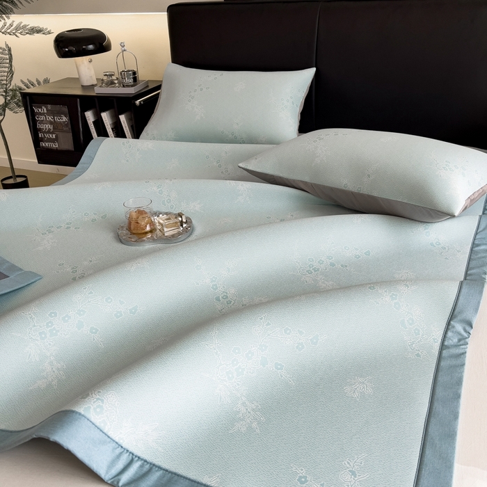 91家纺网 家纺一手货源 找家纺 慕尚家纺 2025春夏新款凉感冰丝提花凉席三件套 提花席 花香蓝