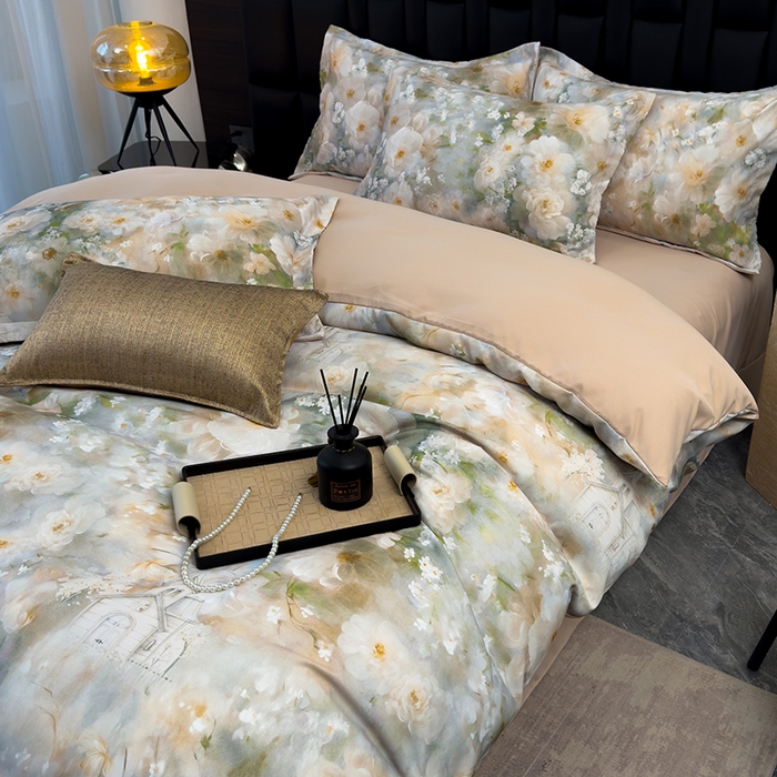 91家纺网 家纺一手货源 找家纺 竹合 2025新款数码印花轻奢凉感四件套 虞美人咖