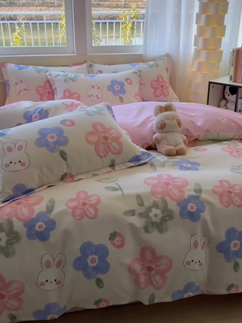 91家纺网 家纺一手货源 找家纺 拾物记 2025新款A类无荧光全喷气全棉12868四件套 花间小兔