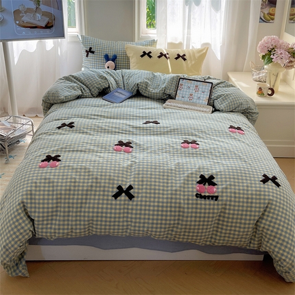 91家纺网 家纺一手货源 找家纺 北欧良品 2025新款A类色织水洗棉毛巾绣蝴蝶结少女系列单被套 蝴蝶结-蓝黄小格+蓝黄