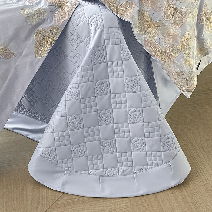 91家纺网 家纺一手货源 找家纺 春夏A类长绒棉夹棉床盖床笠四件套全棉纯棉纯色绗绣四季款保护罩高级感床上用品 茉婉-慕蓝