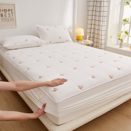 盛眠 2025新款水洗棉刺绣夹棉床笠床罩家用床垫套 蝴蝶 白色