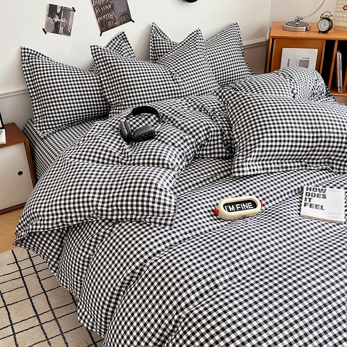 91家纺网 家纺一手货源 找家纺 罗菲尼酒店用品 2025新款磨毛亲肤飞边款四件套 黑白格