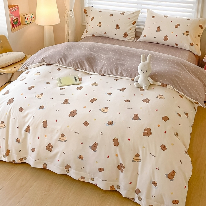 91家纺网 家纺一手货源 找家纺 星窝家纺 2025新款纽扣款水洗棉印花四件套 嘟嘟熊