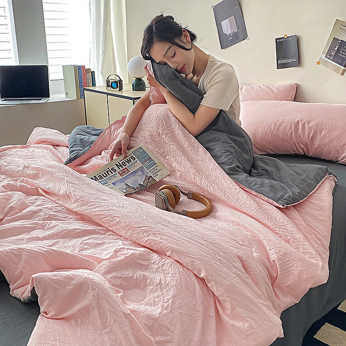 91家纺网 家纺一手货源 找家纺 益多眠 2026新款水洗棉夏被四件套 少女+深灰