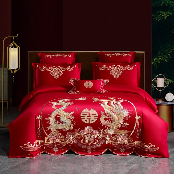 91家纺网 家纺一手货源 找家纺 慕她家纺 慕她婚庆四件套大红色磨毛亲肤棉刺绣结婚工艺款床上用品 吉祥如意