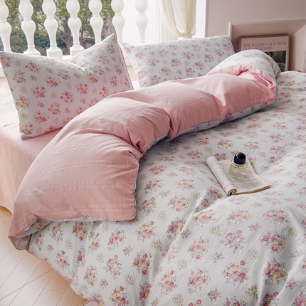 王朝国际 2025新款皱皱棉印花四件套 蓝汐