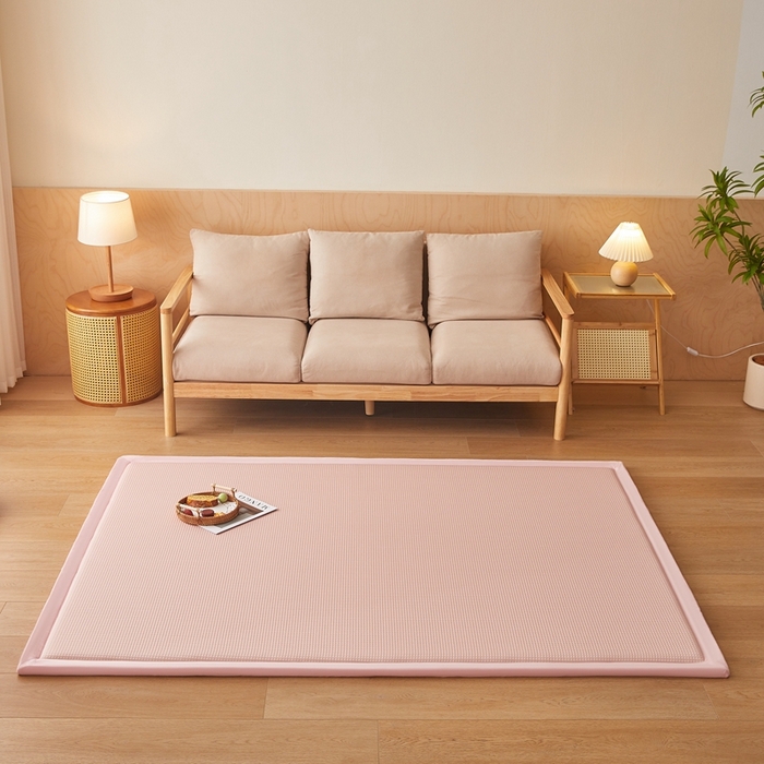 91家纺网 家纺一手货源 找家纺 阿亮家居 2025新款包边工艺凉感冰藤地铺睡垫系列凉席地垫 华夫格粉