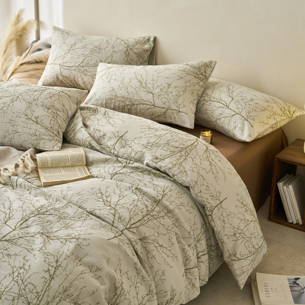 91家纺网 家纺一手货源 找家纺 （总）金丝鸟2025新款全棉纯棉双面三层纱提花四件套--凌寒