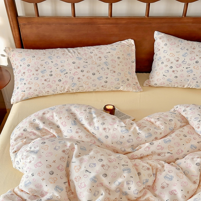 91家纺网 家纺一手货源 找家纺 吉象2025新款全棉双层纱四件套 幸运猫咪