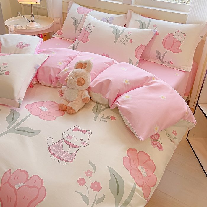 91家纺网 家纺一手货源 找家纺 拾物记 2025新款A类无荧光全喷气全棉12868四件套 花欣猫趣-粉