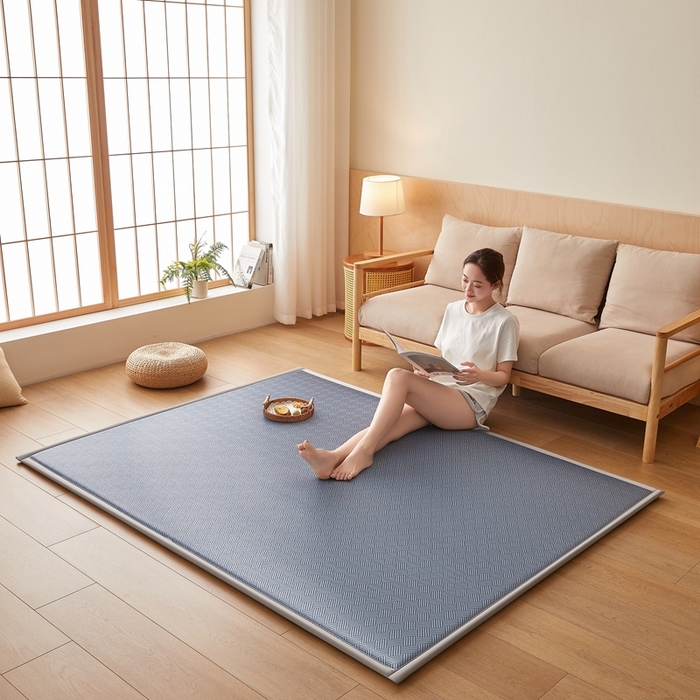 91家纺网 家纺一手货源 找家纺 阿亮家居 2025新款包边工艺凉感冰藤地铺睡垫系列凉席地垫 冰丝饼干蓝