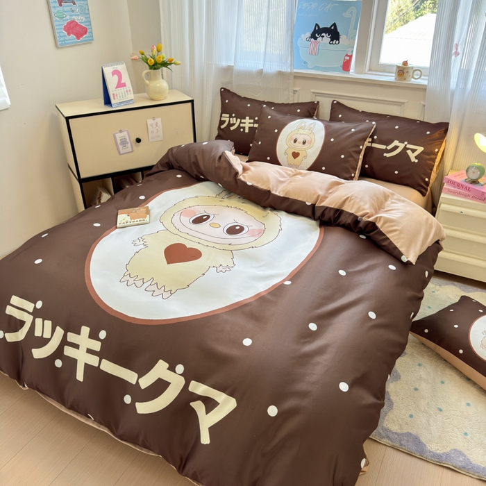 91家纺网 家纺一手货源 找家纺 摩卡（乐趣） 2025新款水洗真丝数码印花卡通兔系列四件套 咖啡兔