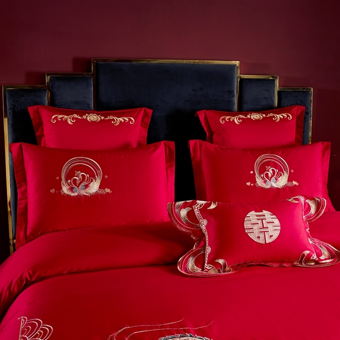 91家纺网 家纺一手货源 找家纺 慕她家纺 慕她婚庆四件套大红色磨毛亲肤棉刺绣结婚工艺款床上用品 恩爱龙凤
