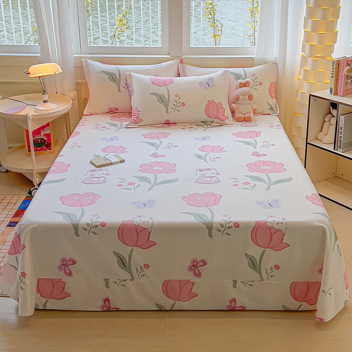 91家纺网 家纺一手货源 找家纺 拾物记 2025新款A类无荧光全喷气全棉12868单床单 花欣猫趣-粉