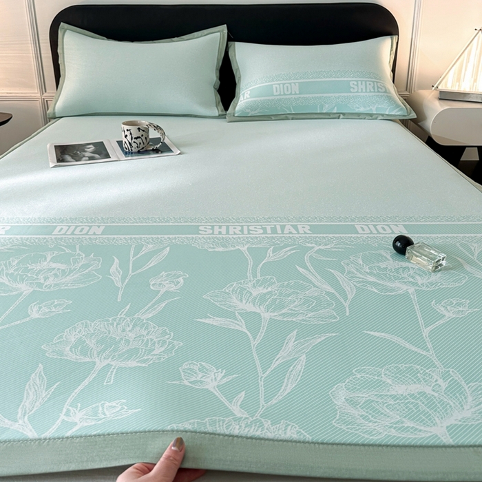 91家纺网 家纺一手货源 找家纺 慕尚家纺 2025春夏新款凉感冰丝提花凉席三件套 水仙 绿