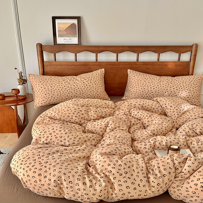 91家纺网 家纺一手货源 找家纺 吉象2025新款全棉双层纱四件套 复古豹纹(咖)