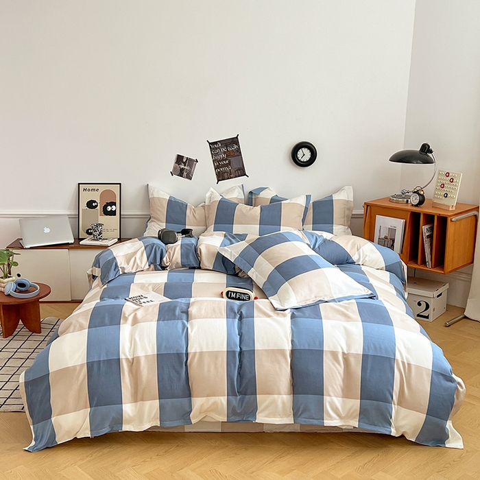 91家纺网 家纺一手货源 找家纺 罗菲尼酒店用品 2025新款磨毛亲肤飞边款四件套 蓝白大格