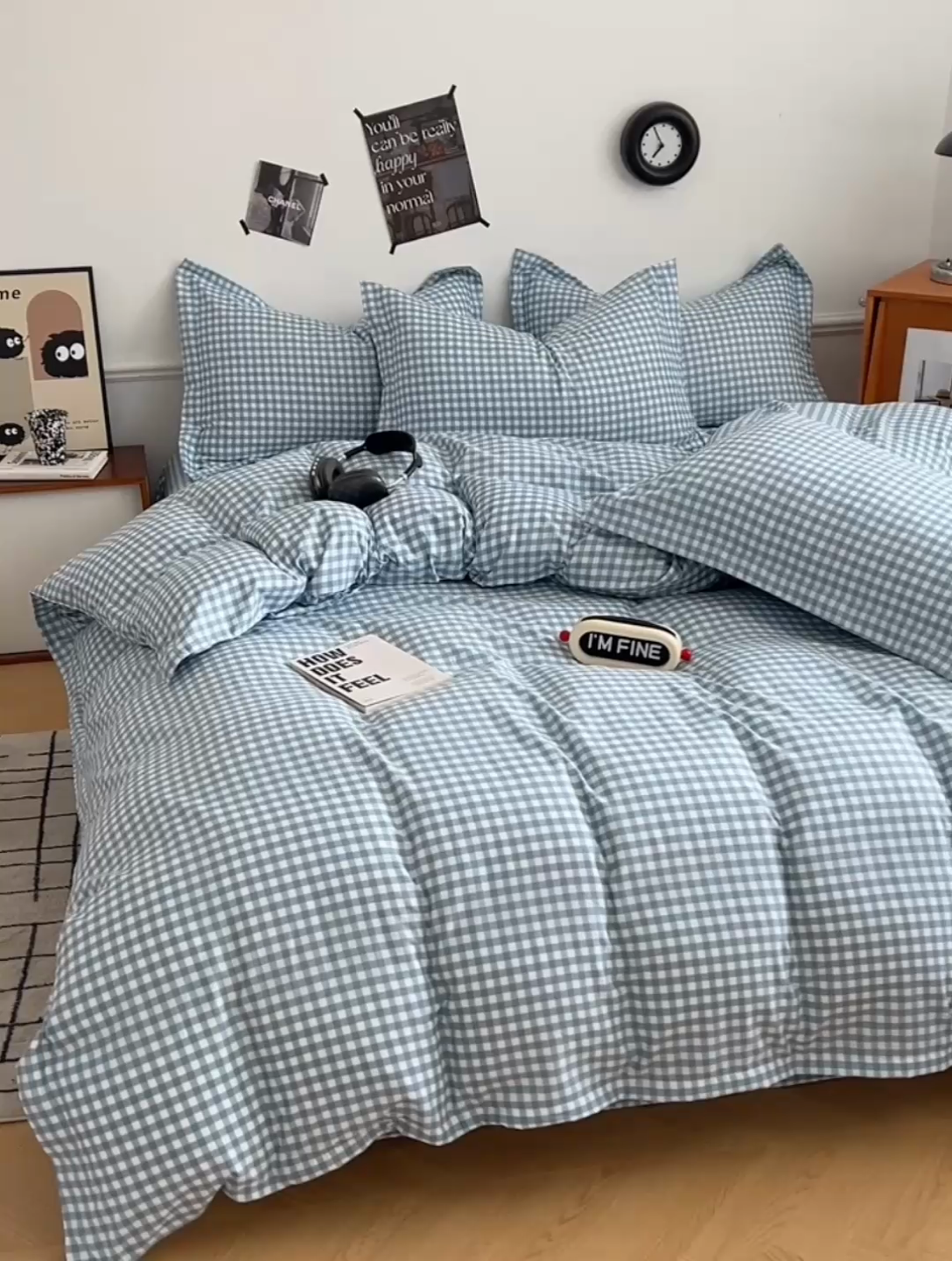 91家纺网 家纺一手货源 找家纺 罗菲尼酒店用品 2025新款磨毛亲肤飞边款四件套 蓝小格