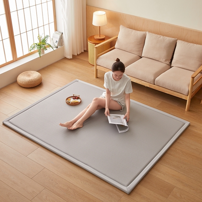 91家纺网 家纺一手货源 找家纺 阿亮家居 2025新款包边工艺凉感冰藤地铺睡垫系列凉席地垫 华夫格灰