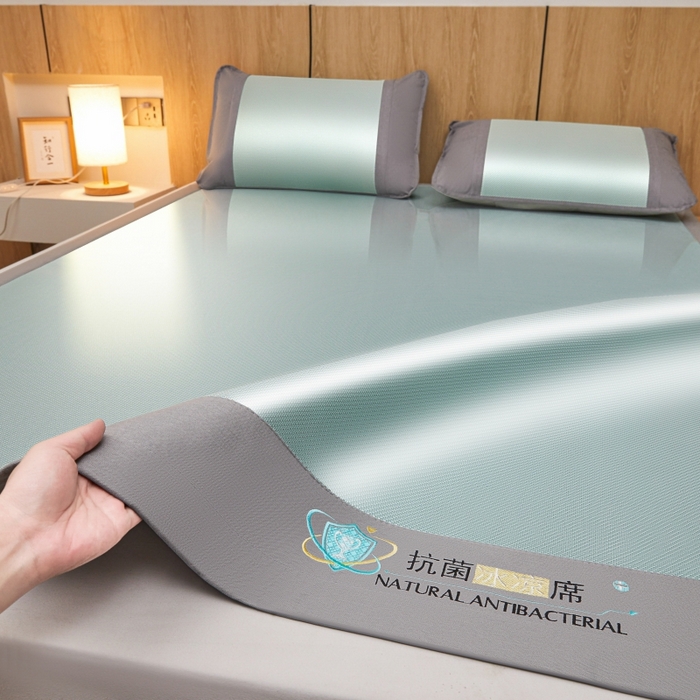 91家纺网 家纺一手货源 找家纺 阿亮家居 2025新款冰藤席凉席三件套包边抗菌刺绣款冰藤凉席 绿色-床席款