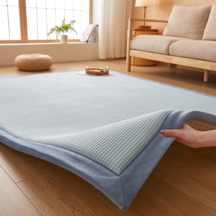 91家纺网 家纺一手货源 找家纺 阿亮家居 2025新款包边工艺凉感冰藤地铺睡垫系列凉席地垫 华夫格蓝