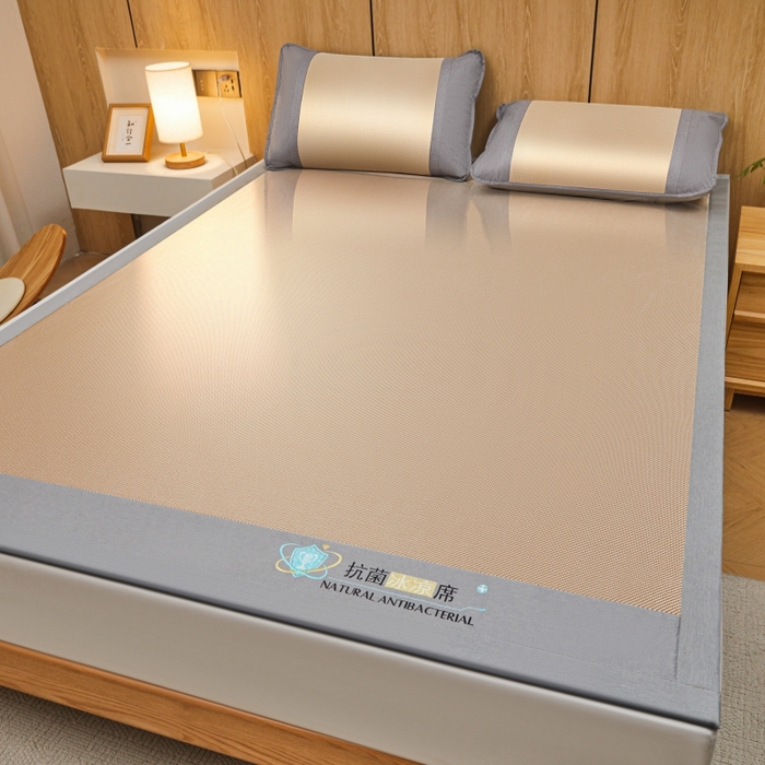 91家纺网 家纺一手货源 找家纺 阿亮家居 2025新款冰藤席凉席三件套包边抗菌刺绣款冰藤凉席 咖色-床席款